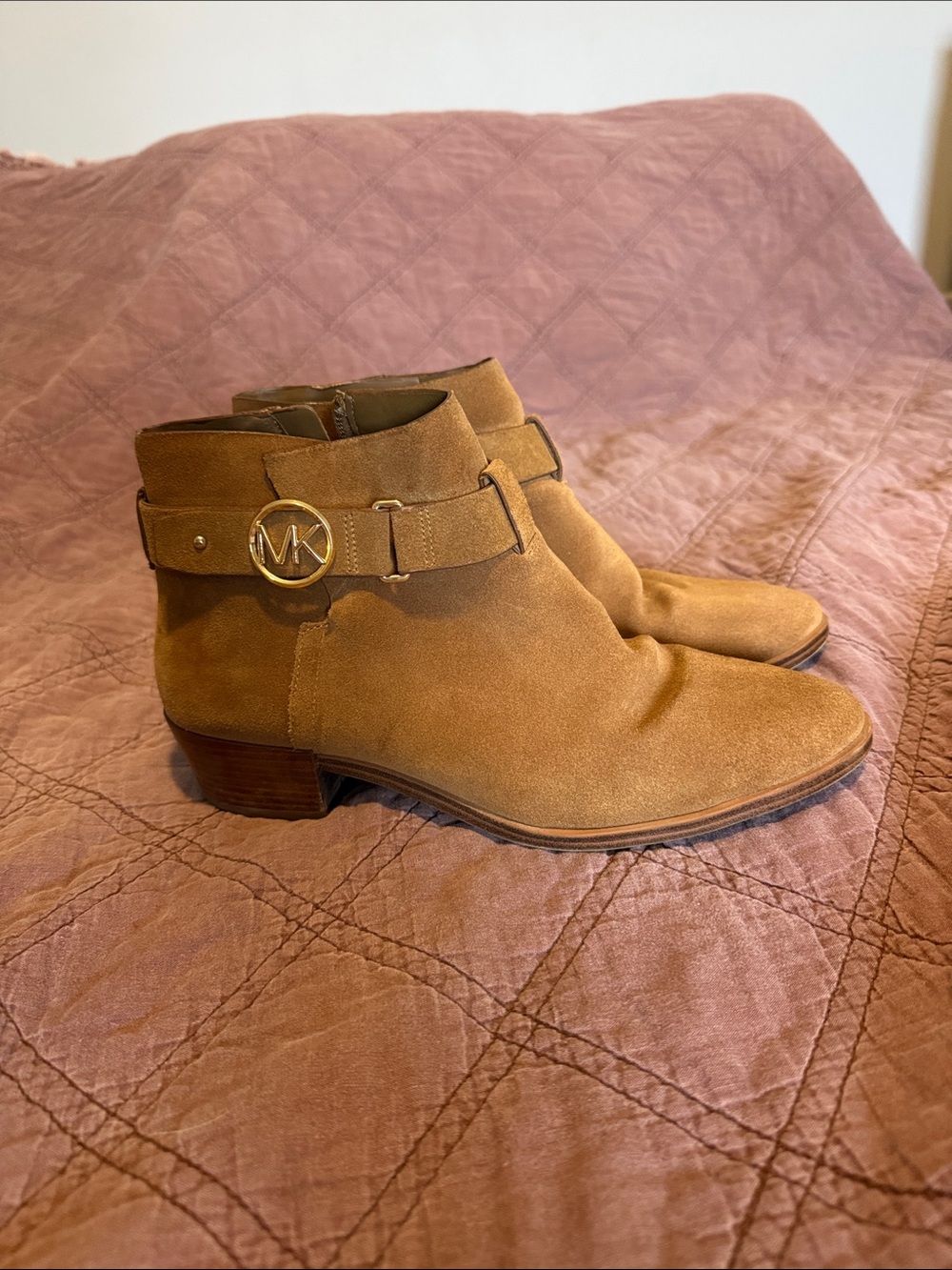 Michael Kors Cognac Suede Ankle Booties with MK Medallion
